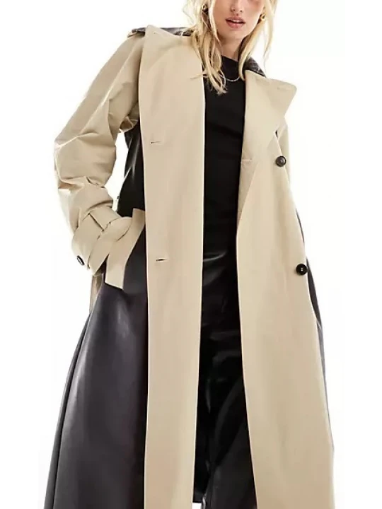 Contrast Panels Black And Beige Leather Long Overcoat