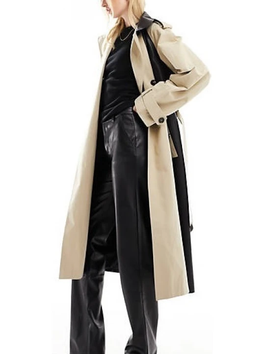 Contrast Panels Black And Beige Leather Long Overcoat