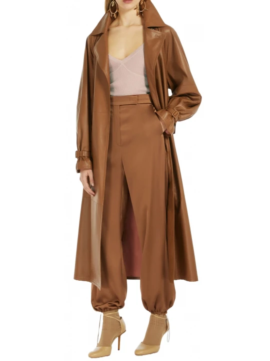 Dart Detailing Brown Leather Long Coat
