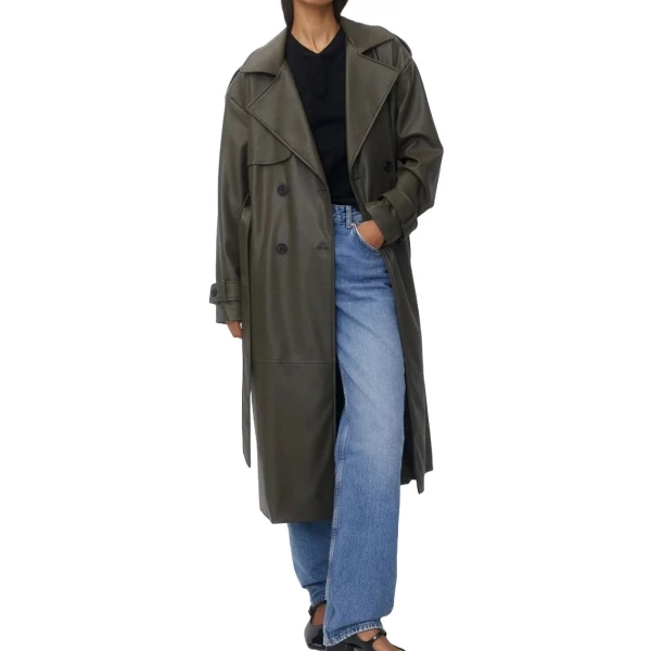 Double Breast Knotted Belt Black Leather Long Coat