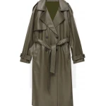 Double Breast Knotted Belt Black Leather Long Coat