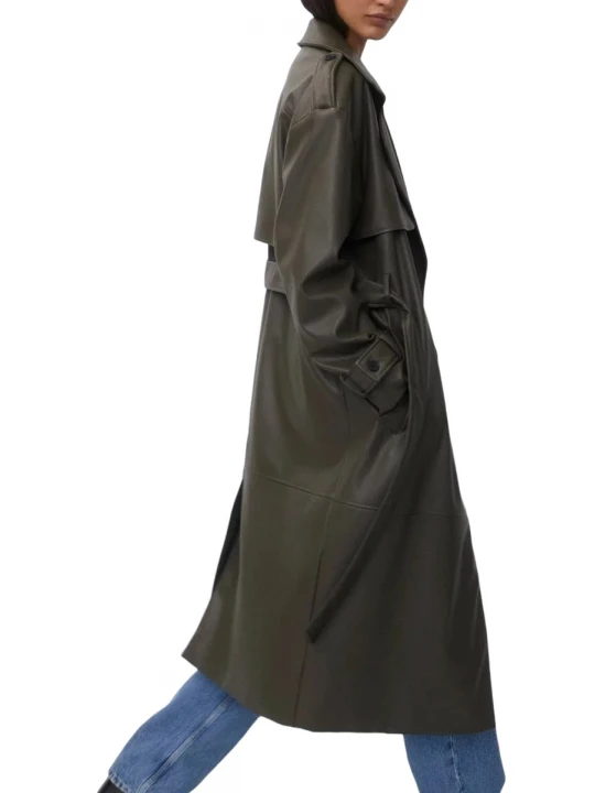 Double Breast Knotted Belt Black Leather Long Coat