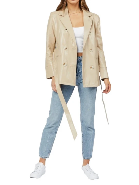 Double Breasted Belted Beige Leather Coat