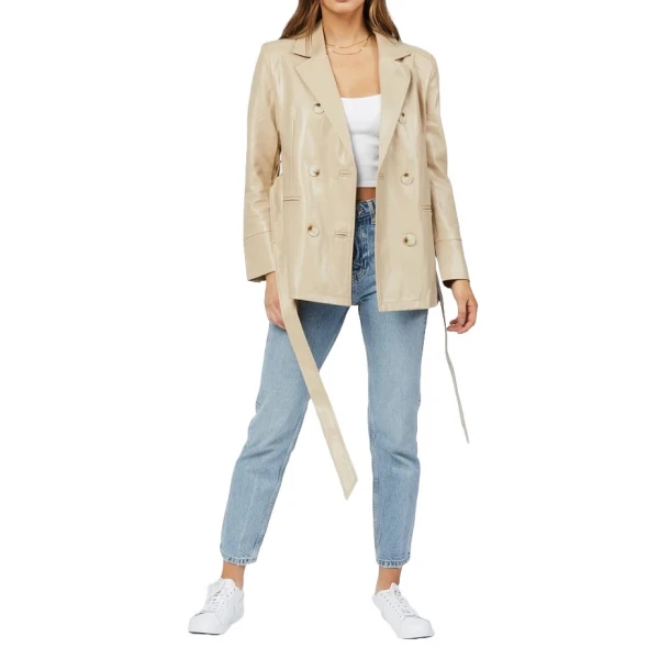 Double Breasted Belted Beige Leather Coat