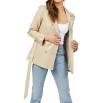 Double Breasted Belted Beige Leather Coat