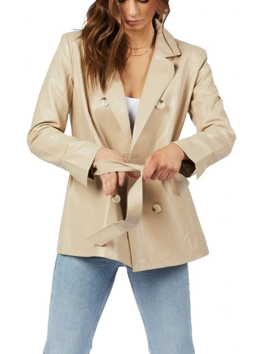 Double Breasted Belted Beige Leather Coat