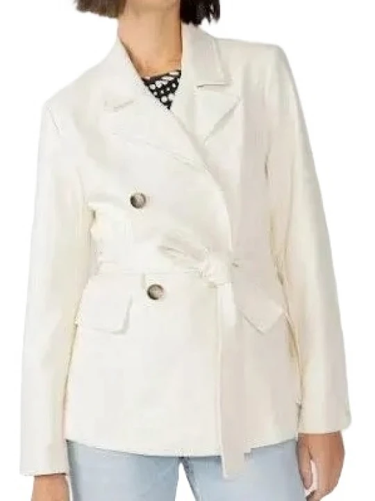 Double Breasted Belted White Leather Coat