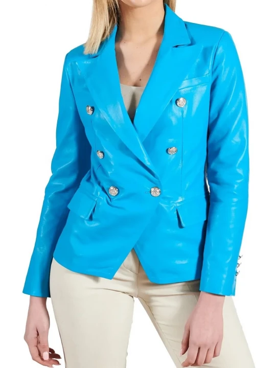 Double Breasted Blue Leather Coat