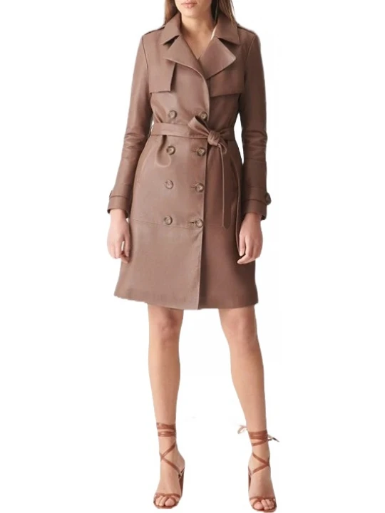 Double Breasted Brown Leather Long Coat