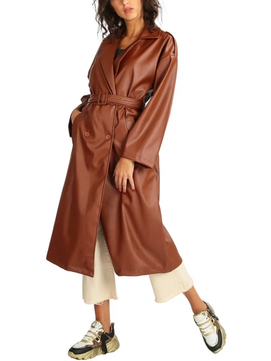 Double Breasted Brown Leather Overcoat
