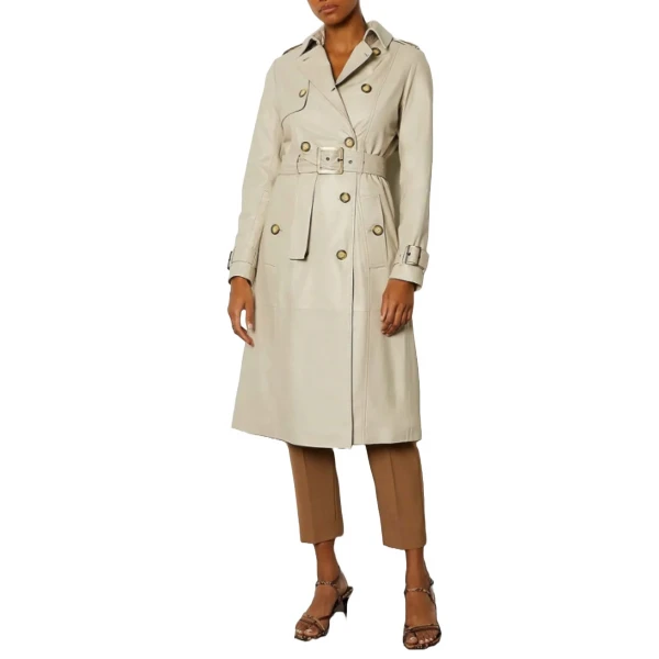Double Breasted Cream Leather Long Coat