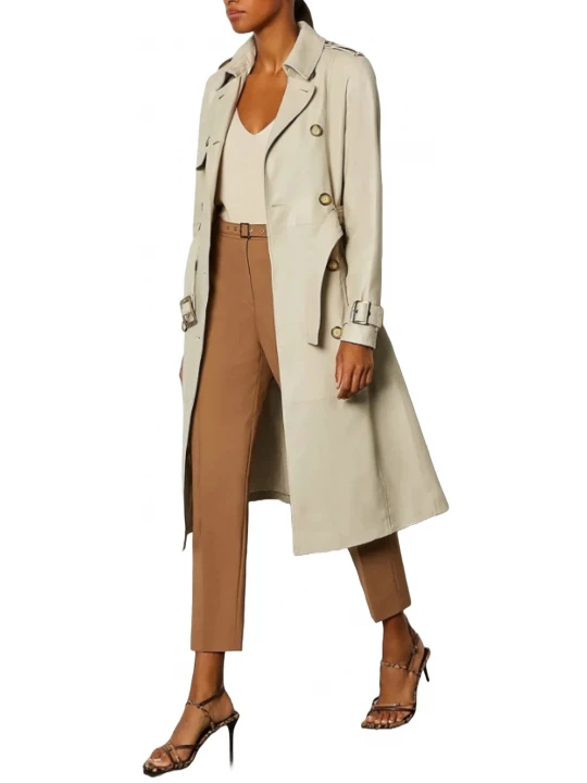 Double Breasted Cream Leather Long Coat
