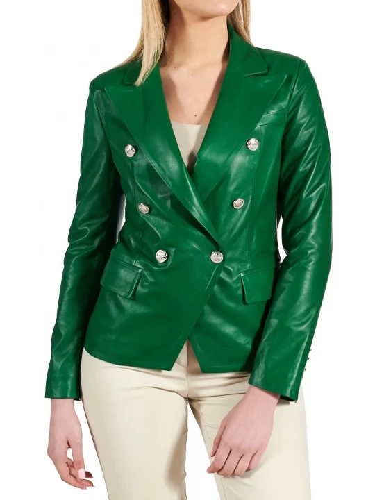 Double Breasted Green Leather Coat