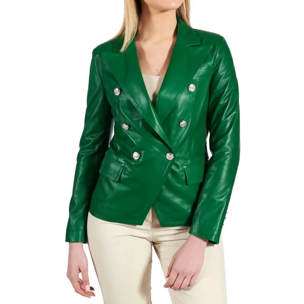 Double Breasted Green Leather Coat