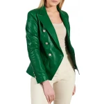 Double Breasted Green Leather Coat