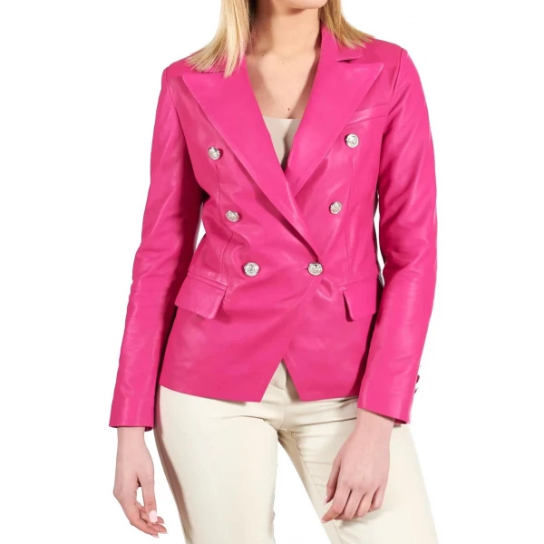 Double Breasted Pink Leather Coat