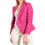 Double Breasted Pink Leather Coat