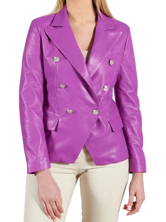 Double Breasted Purple Leather Coat
