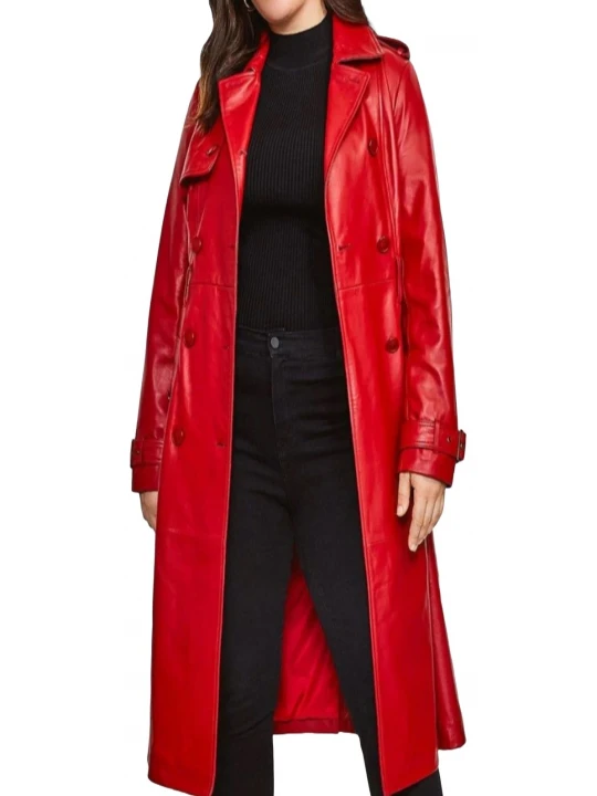 Double Breasted Red Leather Long Coat