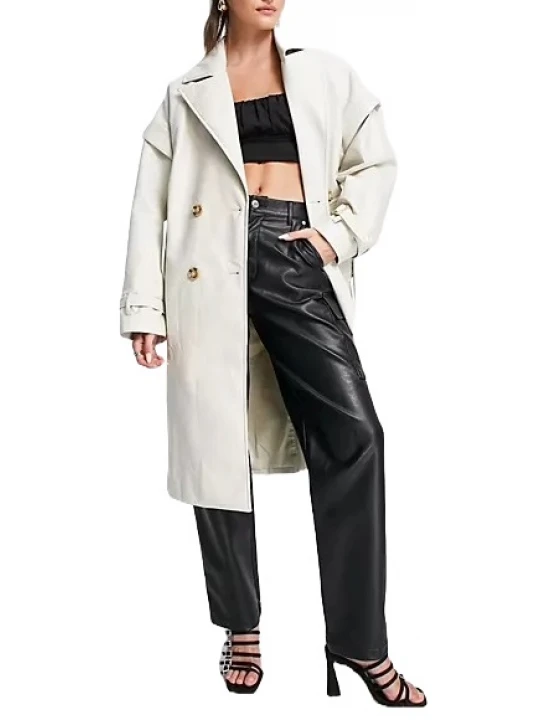Drop Shoulder Trench Coat In White Leather