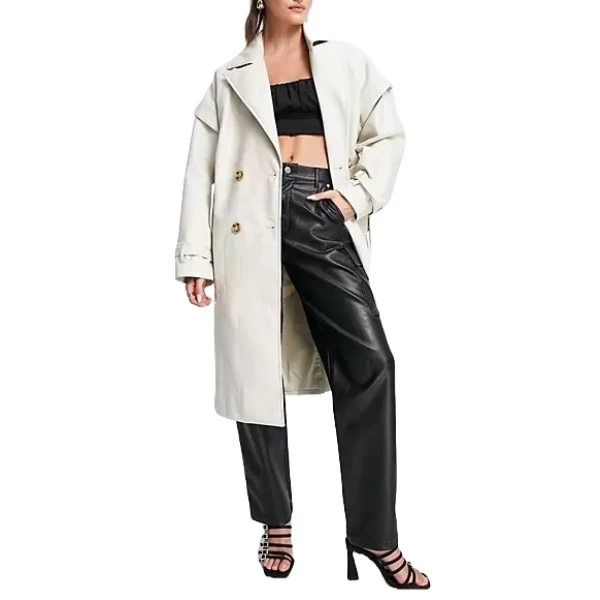 Drop Shoulder Trench Coat In White Leather