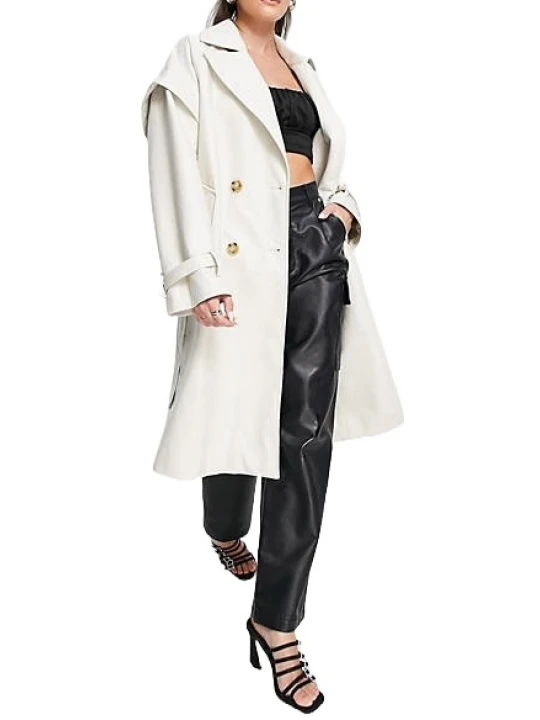 Drop Shoulder Trench Coat In White Leather