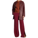 Eyelet And Stud Detailing Burgundy Leather Long Coat