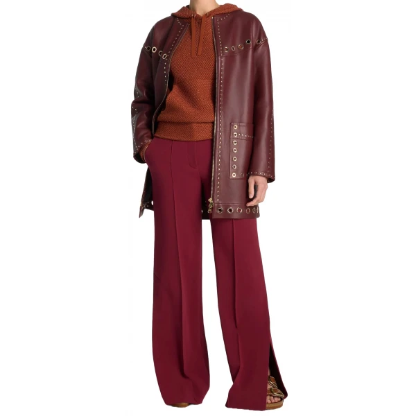 Eyelet And Stud Detailing Burgundy Leather Long Coat