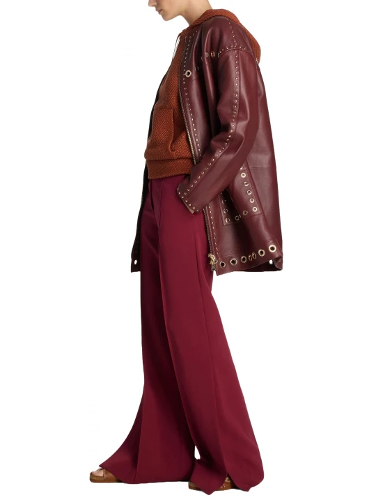 Eyelet And Stud Detailing Burgundy Leather Long Coat