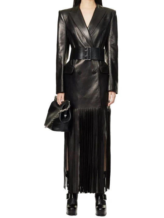 Fringe Hem Detailing Black Leather Long Coat