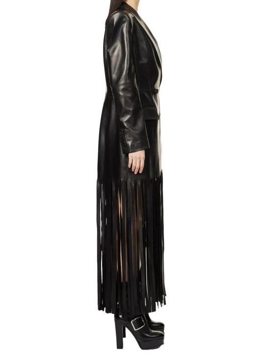 Fringe Hem Detailing Black Leather Long Coat