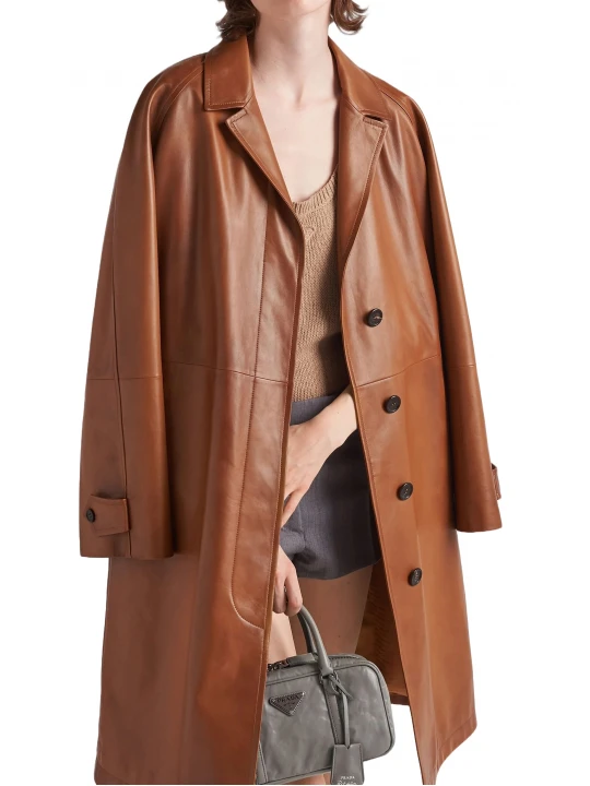 Hidden Button Fastening Brown Leather Long Coat