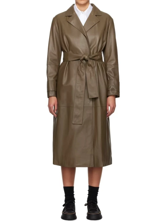 Hidden Press Stud Fastening Brown Leather Long Coat