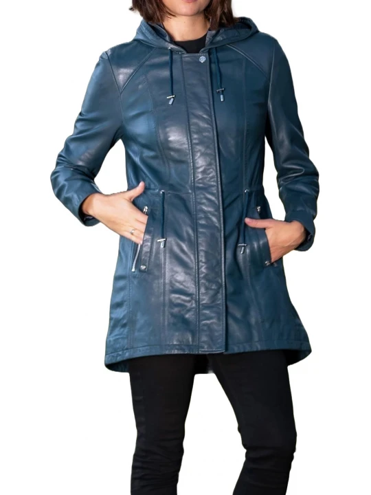 Hooded Navy Blue Leather Overcoat