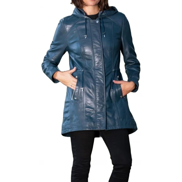 Hooded Navy Blue Leather Overcoat