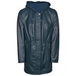 Hooded Navy Blue Leather Overcoat