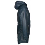 Hooded Navy Blue Leather Overcoat