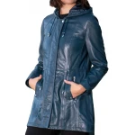 Hooded Navy Blue Leather Overcoat
