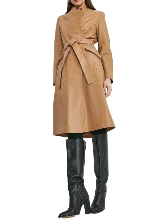 Lapel Detailing Brown Leather Long Coat