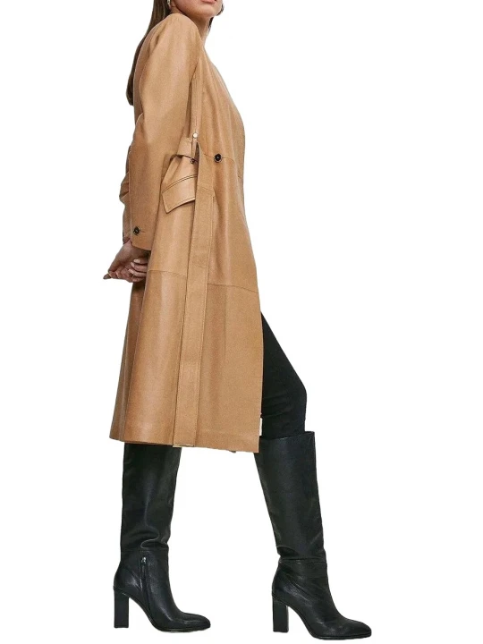 Lapel Detailing Brown Leather Long Coat