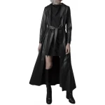 Long Button Closure Black Leather Trench Coat
