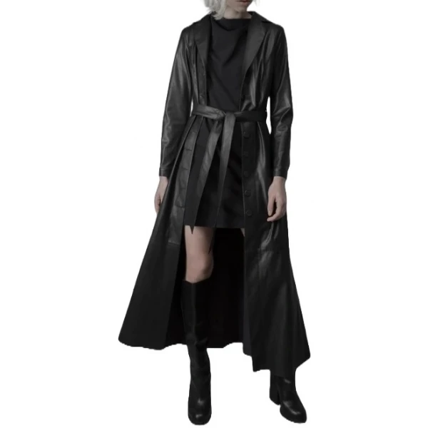 Long Button Closure Black Leather Trench Coat