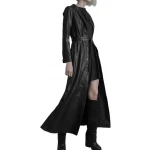 Long Button Closure Black Leather Trench Coat