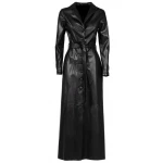 Long Button Closure Black Leather Trench Coat