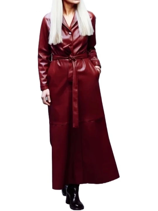Long Button Closure Burgundy Leather Trench Coat