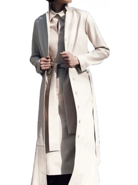 Long Button Closure Cream Leather Trench Coat