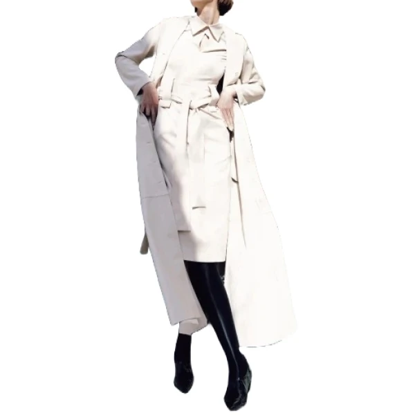 Long Button Closure Cream Leather Trench Coat