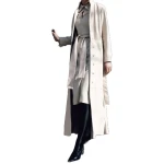 Long Button Closure Cream Leather Trench Coat