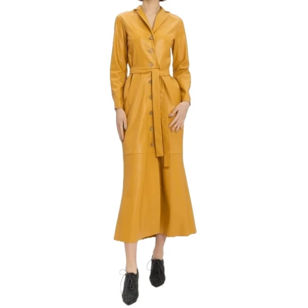 Long Button Closure Yellow Leather Trench Coat