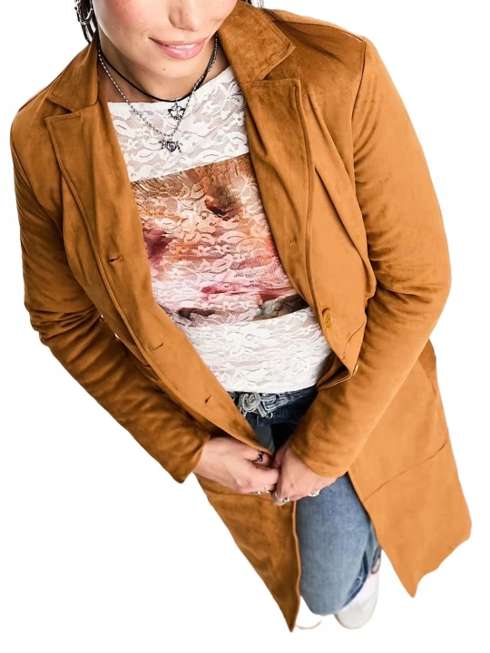 Notch Collar Rust Suede Leather Long Trench Coat